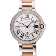 Imitation Swiss Ballon Blue De Cartier Diamond Steel Case White Dial Roman Numerals Two Tone Bracelet 622647