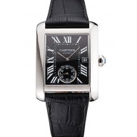 Imitation Swiss Cartier Tank MC Black Dial Stainless Steel Case Black Leather Strap