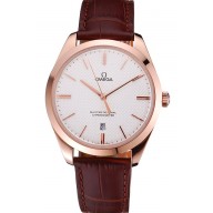 Imitation Swiss Omega DeVille Tresor White Dial Gold Case Brown Leather Strap 622846