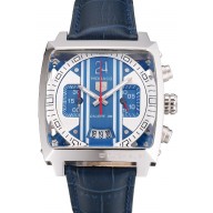 Imitation Tag Heuer Monaco 24 Calibre 36 Chronograph Blue And Grey Stripes Dial Blue Leather Strap 622273