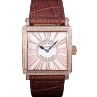 Imitation Top Franck Muller Master Square Diamond Encrusted Rose Gold Bezel Brown Croco Bracelet 80283