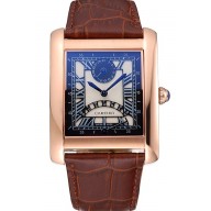 Knockoff AAA Cartier Tank Black Dial Rose Gold Case Brown Leather Strap 622765