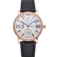 Knockoff Cartier Ronde Second Time Zone White Dial Gold Case With Diamonds Black Leather Strap 622809