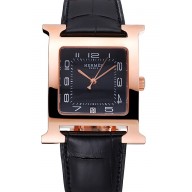 Knockoff Hermes Heure H Black Dial Gold Case Black Leather Strap