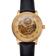 Knockoff Swiss Patek Philippe Complications Openworked Dial Gold Case Diamond Bezel Black Leather Strap