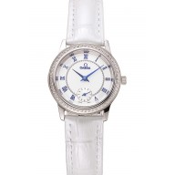 Omega De Ville Prestige Small Seconds White Dial Diamond Bezel Stainless Steel Case White Leather Strap