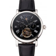 Patek Philippe Grand Complications Moonphase Perpetual Calendar Tourbillon Black Dial Stainless Steel Case Black Leather Strap