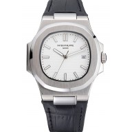 Patek Philippe Nautilus White Dial Brushed Stainless Steel Case Black Leather Strap