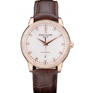 Patek Philippe Swiss Calatrava Ribbed Bezel Grey Dial Brown Leather Strap 7650