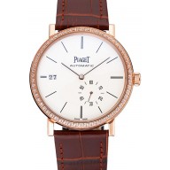 Piaget Altiplano Diamond Gold Case White Dial Brown Leather Bracelet 622627