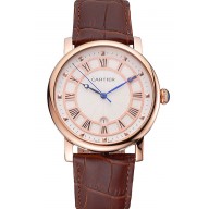 Quality Cartier Rotonde Date White Dial Rose Gold Case Brown Leather Strap