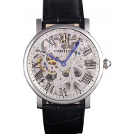 Replica Cartier Luxury Skeleton Watch with Silver Bezel and Black Leather Band 621559