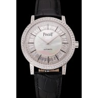 Replica Designer Swiss Piaget Altiplano Diamond Set Stainless Steel Case And Pearl Dial Black Leather Strap 1453746