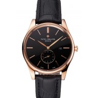Replica Patek Philippe Calatrava Date Black Dial Rose Gold Case Black Leather Strap