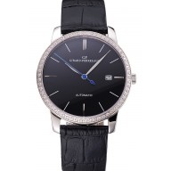 Replica Swiss Girard-Perregaux 1966 Black Dial Silver Diamond Case Black Leather Strap
