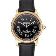 Swiss Cartier Rotonde Annual Calendar Black Dial Diamond Bezel Gold Case Black Leather Strap