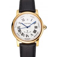 Swiss Cartier Rotonde Annual Calendar White Dial Gold Case Black Leather Strap