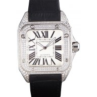 Swiss Cartier Santos Silver Bezel with Diamonds and Black Leather Strap sct47 621531