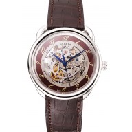 Swiss Hermes Arceau Skeleton Brown Dial Blue Hands Stainless Steel Case Brown Leather Strap