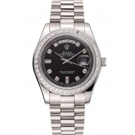 Swiss Rolex Day-Date Black Dial Diamond Case Diamond Numerals Stainless Steel Bracelet 1453966