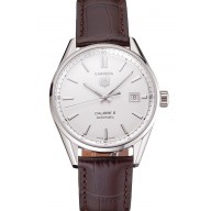 Swiss Tag Heuer Carrera Calibre 5 Silver Dial Stainless Steel Case Brown Leather Strap