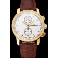 Swiss Vacheron Constantin Patrimony Traditionnelle Chronograph Diamond Bezel Gold Case Brown Leather Strap 1453767