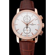 Swiss Vacheron Constantin Patrimony Traditionnelle Chronograph White Dial Diamond Bezel Rose Gold Case Brown Leather Strap 1453764