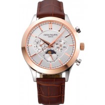 Best Patek Philippe Moonphase Chronograph White Dial Gold Case Brown Leather Strap 622843