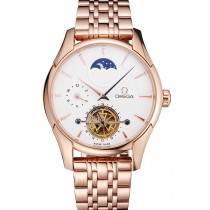Fake Omega De Ville Moonphase Tourbillon White Dial Rose Gold Case And Bracelet