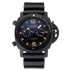 1:1 Panerai Luminor Submersible Flyback GMT Black Dial Yellow Markings Black Ionized Case Black Rubber Strap