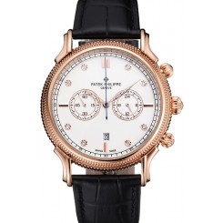 1:1 Patek Philippe Chronograph White Dial With Diamonds Rose Gold Case Black Leather Strap