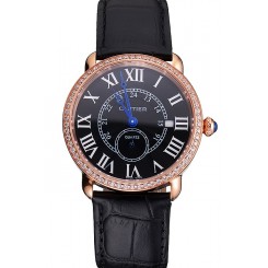 1:1 Replica Cartier Ronde Louis Cartier Black Dial Gold Case Diamond Bezel Black Leather Strap