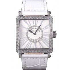 2016 Franck Muller Master Square Diamond Encrusted Stainless Steel Bezel White Croco Bracelet 80284