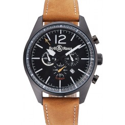 AAA Bell and Ross BR126 Flyback Black Dial Black Case Brown Suede Leather Strap