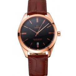 AAA Omega Tresor Master Co-Axial Black Dial Rose Gold Case Brown Leather Strap