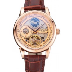AAA Replica Patek Philippe Dual Time Moonphase Tourbillon Gold Skeletonised Dial Rose Gold Case Brown Leather Strap