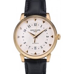 AAAAA Fake Patek Philippe Swiss Calatrava Ribbed Bezel White Dial Black Leather Strap 7639