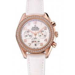 AAAAA Omega Speedmaster White Dial Rose Gold Case Diamond Bezel White Leather Strap