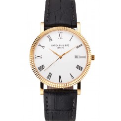 AAAAA Patek Philippe Calatrava White Dial Roman Numerals Ribbed Bezel Gold Case Black Leather Strap