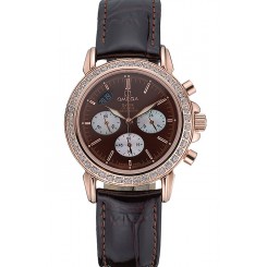 AAAAA Replica Omega De Ville Chronograph Brown Dial Gold Diamond Case Brown Leather Bracelet 622457