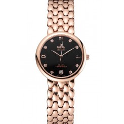 AAAAA Replica Omega De Ville Prestige Black Dial With Diamonds Rose Gold Case And Bracelet