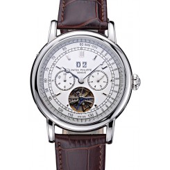 Best Patek Philippe Geneve Grand Complications White Dial Tourbillon Stainless Steel Bezel Brown Band 622154