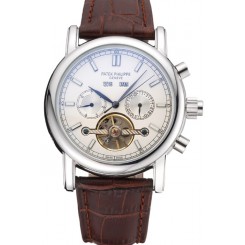 Best Quality Fake Patek Philippe Grand Complications Stainless Steel Case White Dial Brown Leather Bracelet 622260