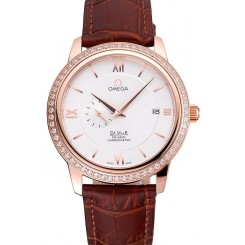 Best Quality Imitation Omega De Ville Prestige Co-Axial White Dial Rose Gold Diamond Case Brown Leather Strap Roman Numeral