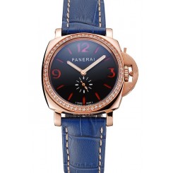 Best Quality Imitation Panerai Radiomir Black Dial Diamond Bezel Rose Gold Case Blue Leather Strap 1453800