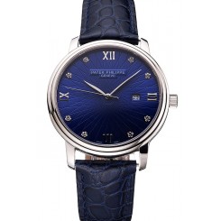 Best Quality Patek Philippe Calatrava Date Blue Dial Stainless Steel Case Blue Leather Strap