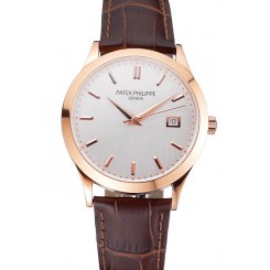 Best Swiss Patek Philippe Calatrava White Dial Rose Gold Case Brown Leather Strap