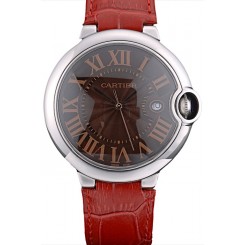 Cartier Ballon Bleu 42mm Brown Dial Stainless Steel Case Red Leather Bracelet