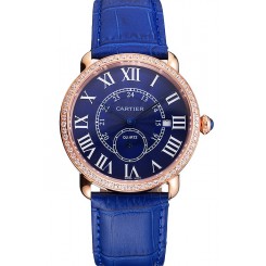 Cartier Ronde Louis Cartier Blue Dial Gold Case Diamond Bezel Blue Leather Strap