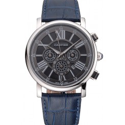 Cartier Rotonde Chronograph Black Dial Stainless Steel Case Blue Leather Strap